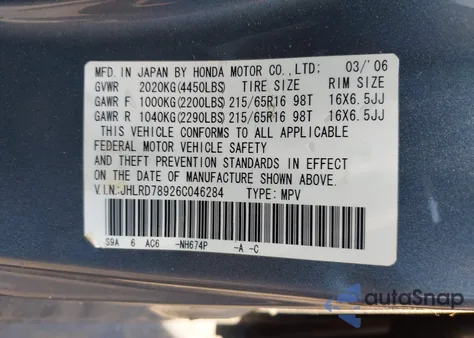 2006 Honda Cr-V Se from USA, damaged, VIN JHLRD78926C046284
